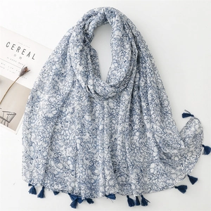 Blue White Floral Print Scarf Shawl Polyester Voile Lightweight Tassel Fringe Beach Sun Protection Wrap Elegant Women