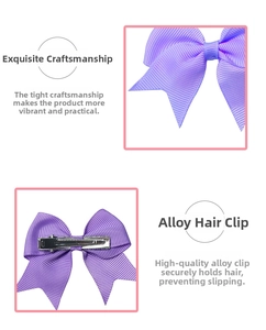 Detail of purple grosgrain ribbon texture and non-slip alloy duckbill clip on hair bow