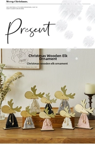 Detailed view of handcrafted wooden Christmas elk ornaments with fuzzy fabric and glitter antlers