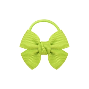 Detail of light green ribbed ribbon bow hair tie with elastic band on white background