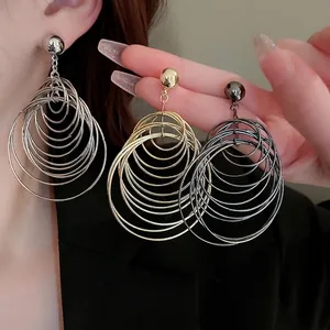 Chic multi-layered circular hoop drop earrings in gold, silver, and gun black finishes