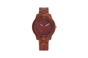 Detail showing brown wood-grain quartz watch with matching dial and Arabic numerals