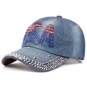 Distressed denim baseball cap with rhinestone USA logo and silver studded brim detail