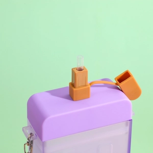Creative purple popsicle shaped square plastic water bottle with straw and orange strap