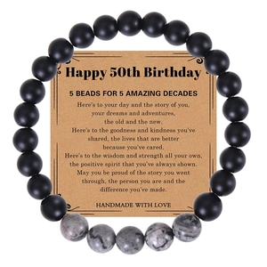 Handmade Beaded Bracelet Natural Map Stone Black Matte Beads With Milestone Birthday Greeting Card Gift For Men Women