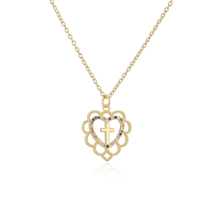 Detail of 18K gold-plated heart pendant with rainbow zircon stones and center cross
