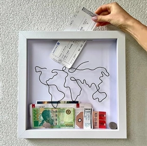 Travel Fund Shadow Box Frame Square Wood World Map Metal Wire Art Souvenir Ticket Postcard Display Money Saving Bank Decor