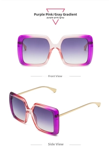 Detail of oversized purple pink gradient frame sunglasses with metal temples and gray lenses