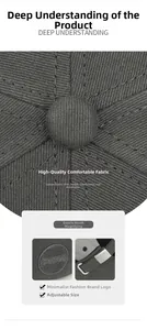 Detail of dark grey twill baseball cap showing breathable fabric and adjustable metal strap