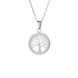Silver stainless steel tree of life pendant necklace with polished finish on white background