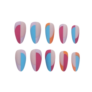 Colorful geometric French long oval press-on nails set with vibrant color block patterns