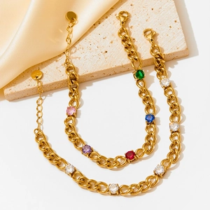Golden Cuban chain necklace and bracelet set with colorful round cubic zirconia stones