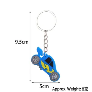 Blue racing car PVC keychain with yellow flames, 9.5x5cm size and silver keyring