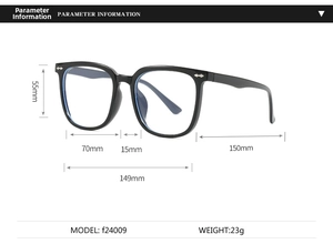 Detailed size dimensions of large black square anti-blue light glasses frame F24009