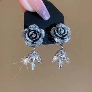 Orecchini Pendenti A Fiore Rosa Nera Con Perno In Argento Lega Strass Foglia Elegante Retrò Chic Gioielli Da Donna