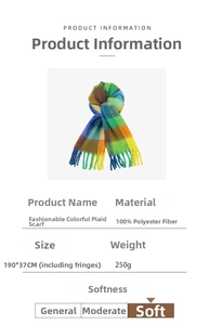 Detailed size and material specification table for the rainbow mohair plaid scarf