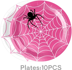Pink and white spider web disposable party plates 10-piece set for themed decoration