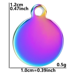 Rainbow plated stainless steel round charm detail with 1.2cm size measurement and 0.5g weight