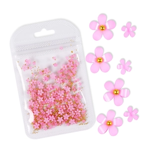 Detailed view of pink resin flowers with gold beads for DIY nail art in a clear bag