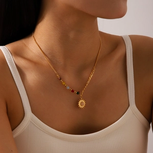 Sun Pendant Necklace 18K Gold Plated Stainless Steel Asymmetric Colorful Stone Beads Vintage French Style For Women