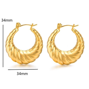 Golden hollow croissant hoop earrings made of polished stainless steel in 34mm size