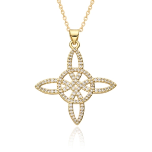 Golden Celtic knot necklace with white zircon crystals on a minimalist white background