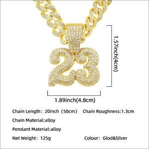 Hip hop gold necklace with iced out number 23 pendant and chunky cuban link chain