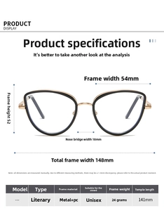 Detailed size chart for cat-eye glasses frame with 148mm width and 141mm temple length