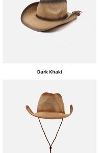 Detailed macro view of dark khaki straw cowboy hat with adjustable chin strap