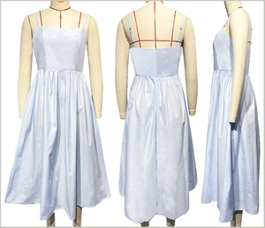 Three-view layout of light blue backless spaghetti strap dress with hidden zipper back