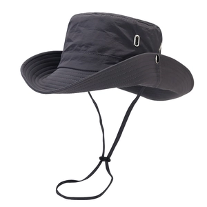 Dark grey quick-dry outdoor sun hat with wide brim and adjustable chin strap