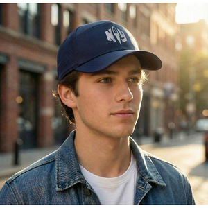 Detail of navy baseball cap featuring laser-cut ventilation holes and NY embroidery