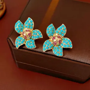 Vintage Flower Stud Earrings With Alloy Blue Beads Rhinestones And Silver Earring Post Retro Bohemian For Women