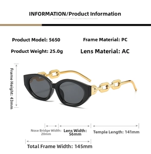 Detailed size specifications for retro cat eye sunglasses with frame measurements