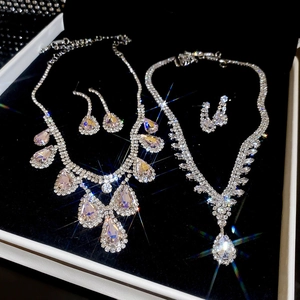 Water Drop Zircon Rhinestone Necklace And Earrings Copper Silver Color Elegant Luxury Evening Party Jewelry For Women