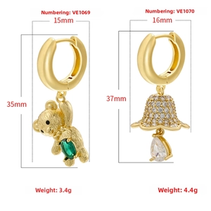 Detailed view of gold bear earrings with emerald stone and lily of the valley studs