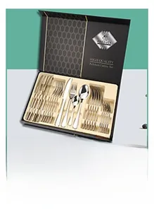 Detailed macro view of 24-piece stainless steel cutlery set neatly organized in black gift box