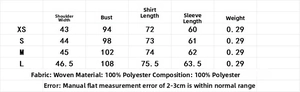 Size chart detail for blazer and shorts set showing measurements in polyester fabric