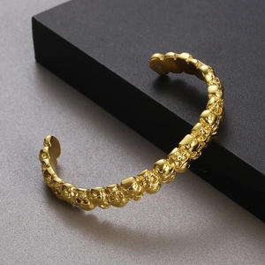 Gothic gold skull relief bangle in stainless steel, punk style open cuff for men