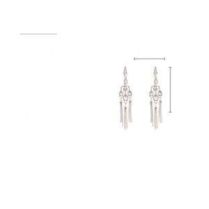 Detail view of long rhinestone tassel earrings with 17.5cm size and 43.9g weight specs