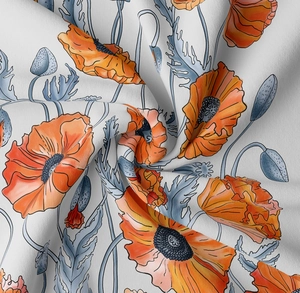 Detailed view of floral tapestry fabric with vibrant red poppies and soft drapery folds