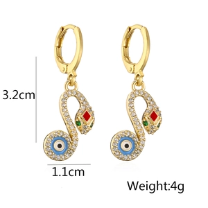 Detailed size view of 18K gold plated snake earrings with blue eye charms and zircons