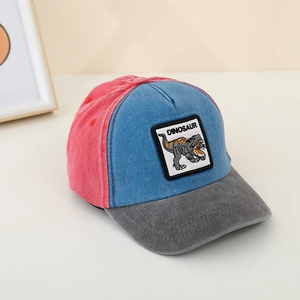 Detail of dinosaur embroidery patch on kids vintage washed cotton baseball cap