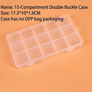 Detail of 15-compartment clear plastic organizer box with dual buckles and 17.3x10x1.9cm size
