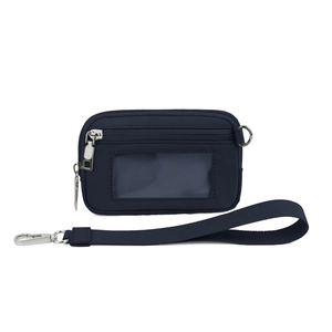 Navy nylon coin purse with clear ID window and matching wristlet strap detail