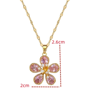 Detailed view of 2.6cm pink five-petal flower pendant with gold chain and dimensions