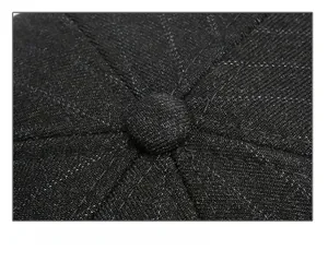 Macro detail of men's wool baseball cap showing six-panel stitching and top button