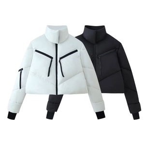 Women Puffer Jacket Stand Collar Zipper Short Cotton Padded Coat V-Quilted Windproof Ribbed Cuffs Winter Outerwear