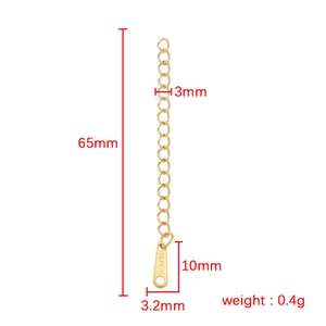 Detailed technical diagram of 65mm golden stainless steel extension chain with dimensions