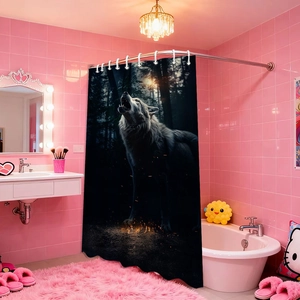 Detail of waterproof polyester shower curtain showing realistic forest wolf print and metal grommets